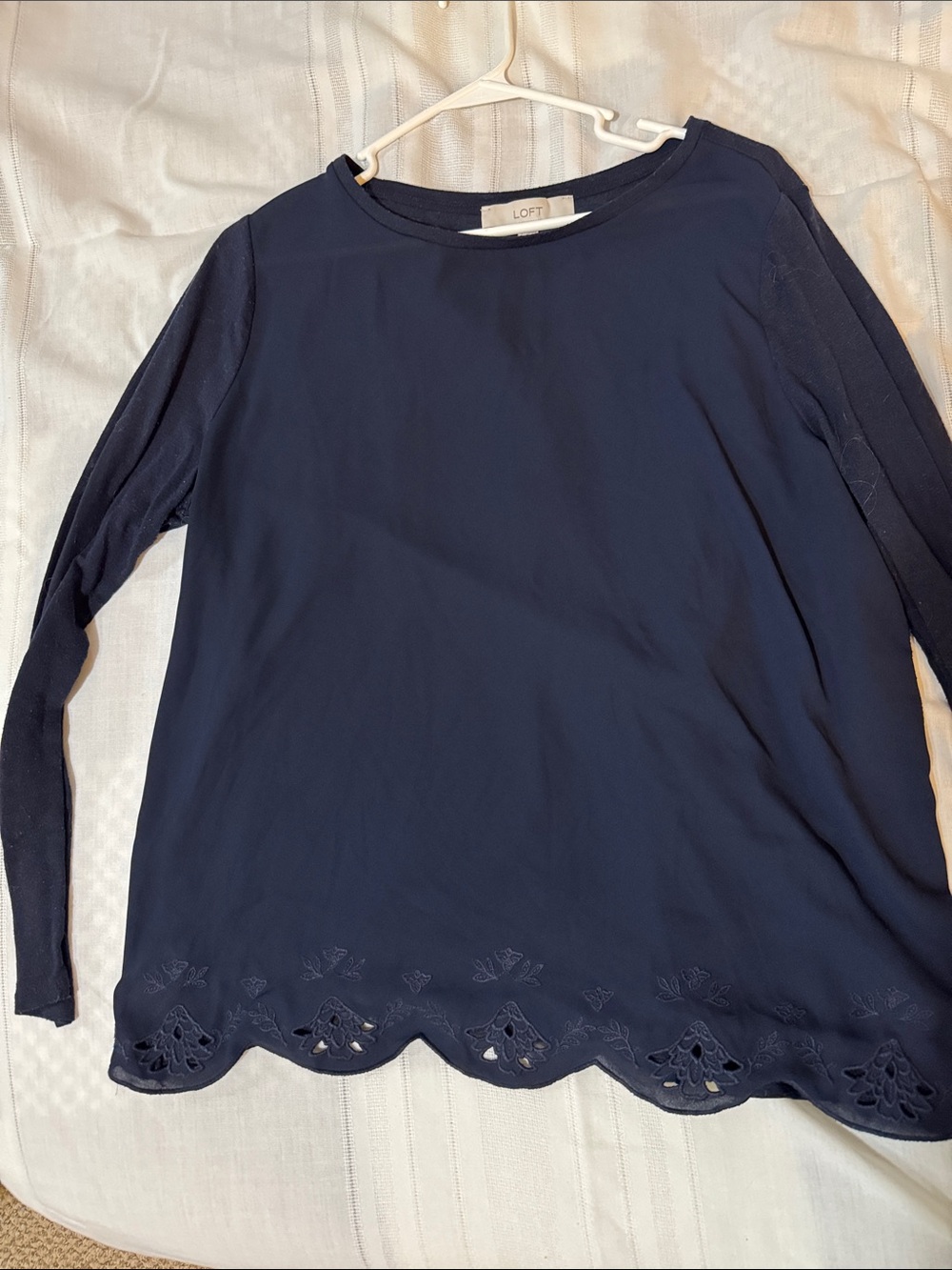LOFT Navy Long Sleeve Top with Scalloped Eyelet Hem